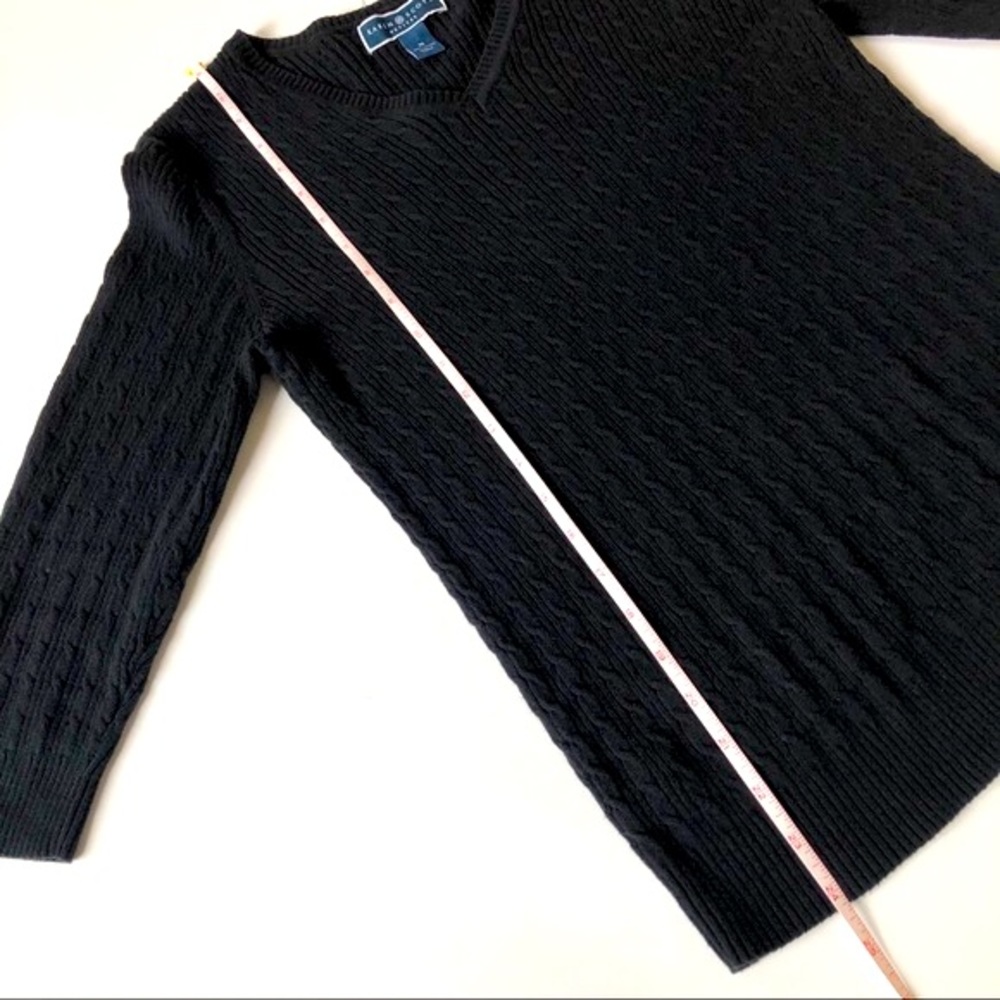 Karen Scott Cable Knit Cotton Sweater Top V Neck 3/4 Sleeve Black Petite - Picture 6 of 7